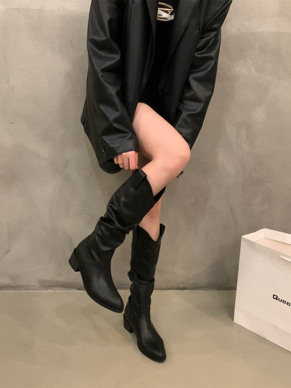 复古棕色美拉德V口堆堆靴中筒长靴女靴子2025春秋冬季尖头长筒靴|undefined