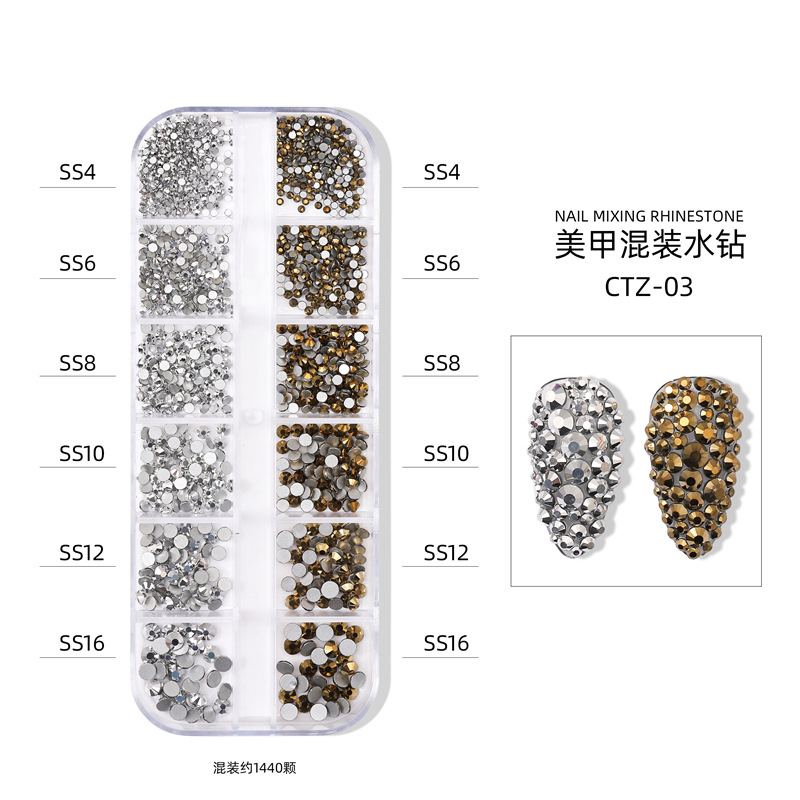 12-rejilla en caja alta plata uñas plana rhinestone joyería transparente AB color diamante llama diamante nail joyería fábrica al por mayor