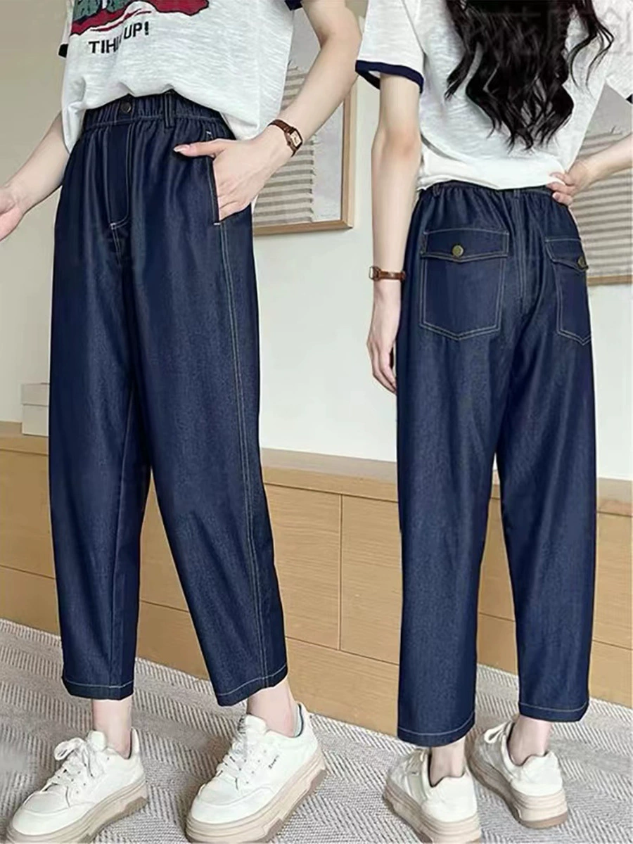 Прямые женские джинсы из тенселя больших размеров, летний тонкий стиль, свободные укороченные шаровары для похудения с высокой талией для пышных фигур.
