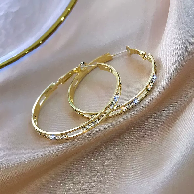 s925银针闪钻大圆圈耳环女耳坠网红气质夸张个性百搭耳钉耳饰品潮