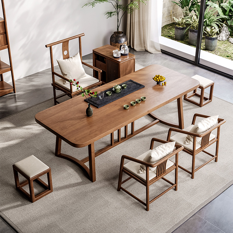 [핫 추천] 1.8m 평면 티 테이블 + 마스터 의자 + 사각 스툴 * 2 + 티 체어 * 2