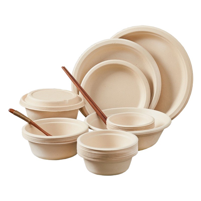 Cross-Border Foreign Trade Disposable Paper Bowls for Commercial and Household Use, Round Food Serving Tableware, Bowl and Chopstick Set, Biodegradable and Thickened