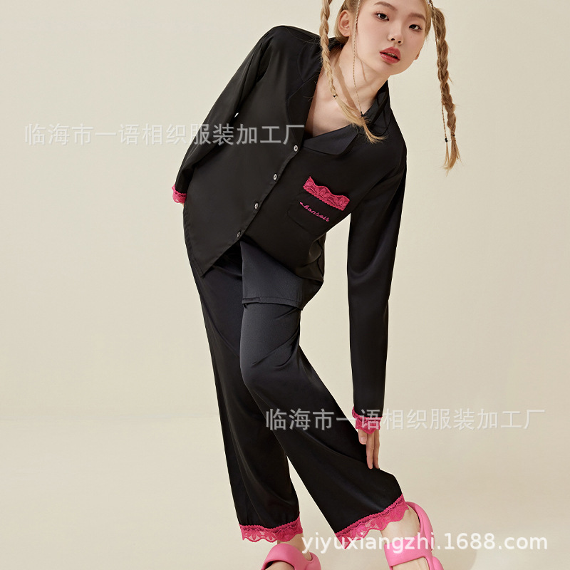 Winter New Black and Pink Barbie Ice Silk Pajamas Long-Sleeved Women's French Lapel Women's Home Wear Set Winter New Black and Pink Barbie Ice Silk Pajamas Long-Sleeved Women's French Lapel Women's Home Wear Set