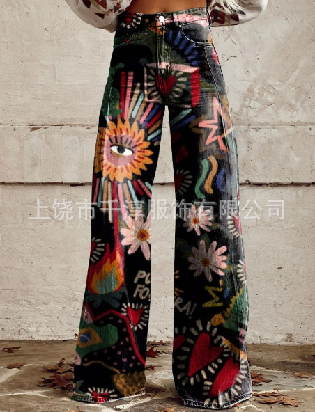 跨境欧美独立站爆款数码印花假牛仔女士阔腿裤 女士喇叭修身长裤|undefined