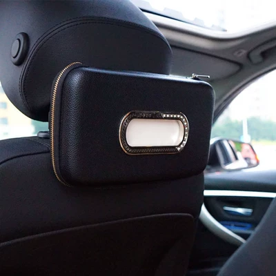 Tissue Box Leather Creative Hanging: Car tissue box/set - strap-style-hanging-on-the-chair-back-headrest-rod-diamond-frame-black