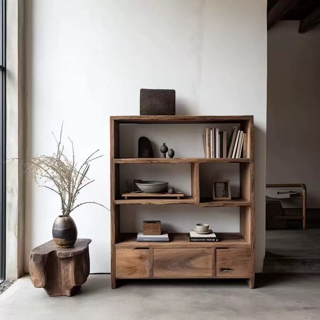 侘寂风老榆木博古架多层格子柜茶壶瓷器展示架实木多宝阁阅读书架