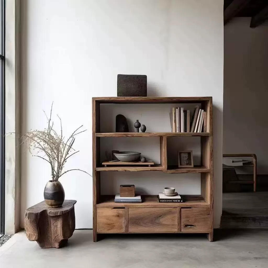 侘寂风老榆木博古架多层格子柜茶壶瓷器展示架实木多宝阁阅读书架