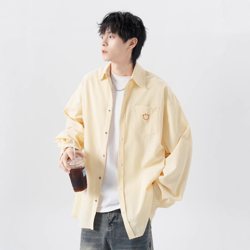American Striped Couple's Long-sleeved Shirt Men's Spring Trendy Brand Loose Smiley Embroidered Shirt Preppy Style Casual Jacket