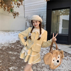 秋冬学院风小个子娃娃领奶黄毛呢上衣外套女蝴蝶结蛋糕裙两件套装