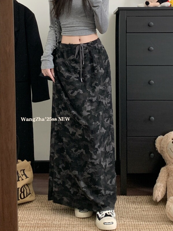 美式复古迷彩抽绳直筒半身裙女秋季新款休闲时尚显瘦垂感破洞长裙|undefined