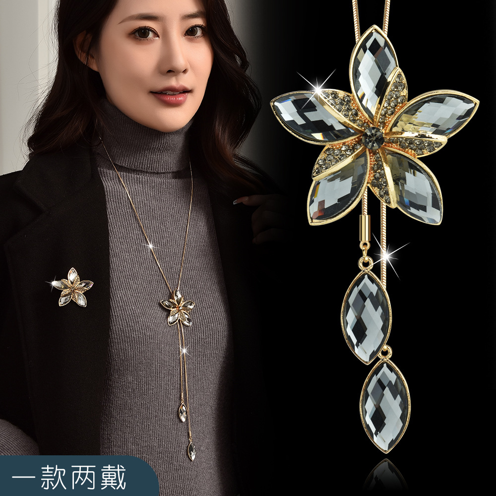 Factory Direct Sale Autumn/Winter Versatile High-End Crystal Flower Cable Chain Brooch with Dual-Wear Tassel Long Necklace