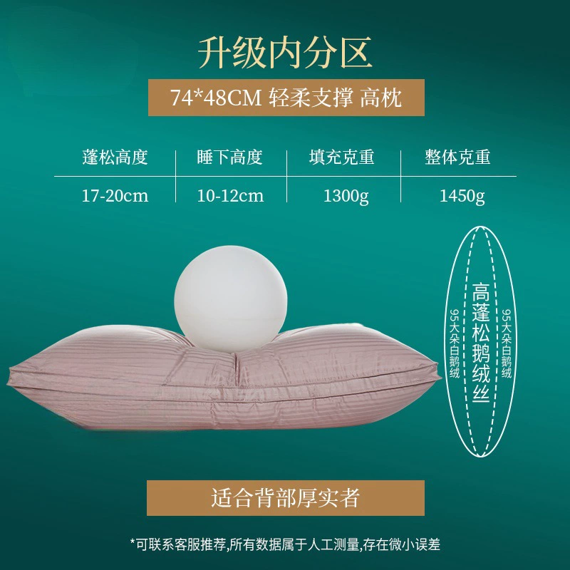 Genuine rectangular five -star hotel pillow core 95 white goose velvet citrus cervical vertebra single pure cotton pillow down pillow