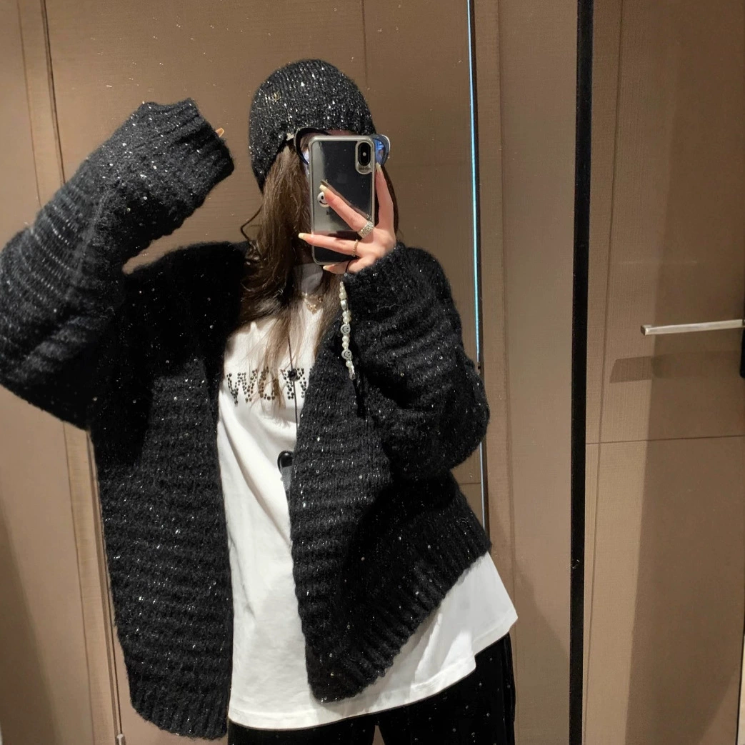 Европейский свитер-кардиган с пайетками для женщин, осень-зима 2025, новый свободный мягкий толстый утягивающий свитер-пальто