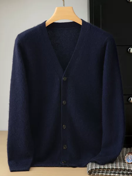Men's Seven-Needle Double-Strand Thickened Cashmere Sweater, Winter V-Neck Open-Front Single-Breasted Knitted Wool Cardigan