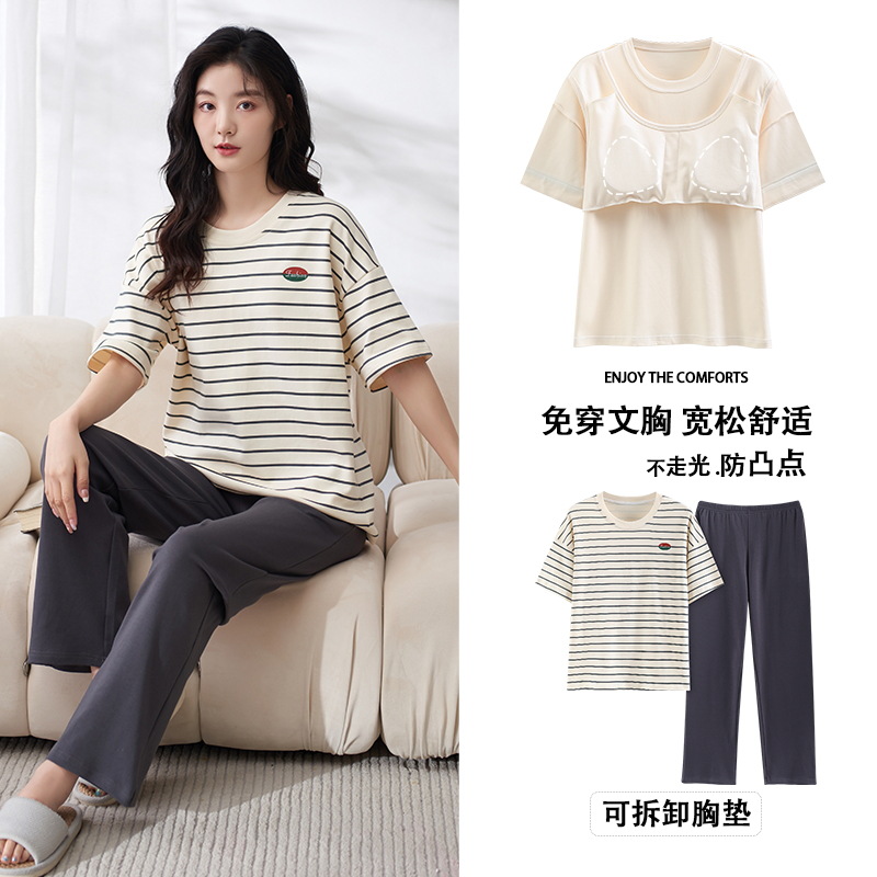 Pijamas de algodón de las mujeres de dibujos animados estilo lindo con almohadilla en el pecho pantalones de manga corta traje ropa de abrigo suelta ropa de mujer