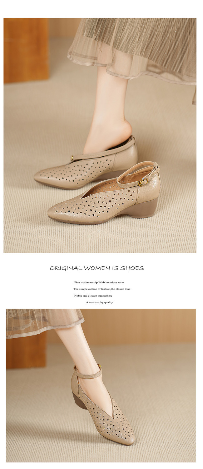 Sandal nữ mũi nhọn quai ngang gót trung bình phong cách retro thoáng khí — đen, mơ chi tiết 6