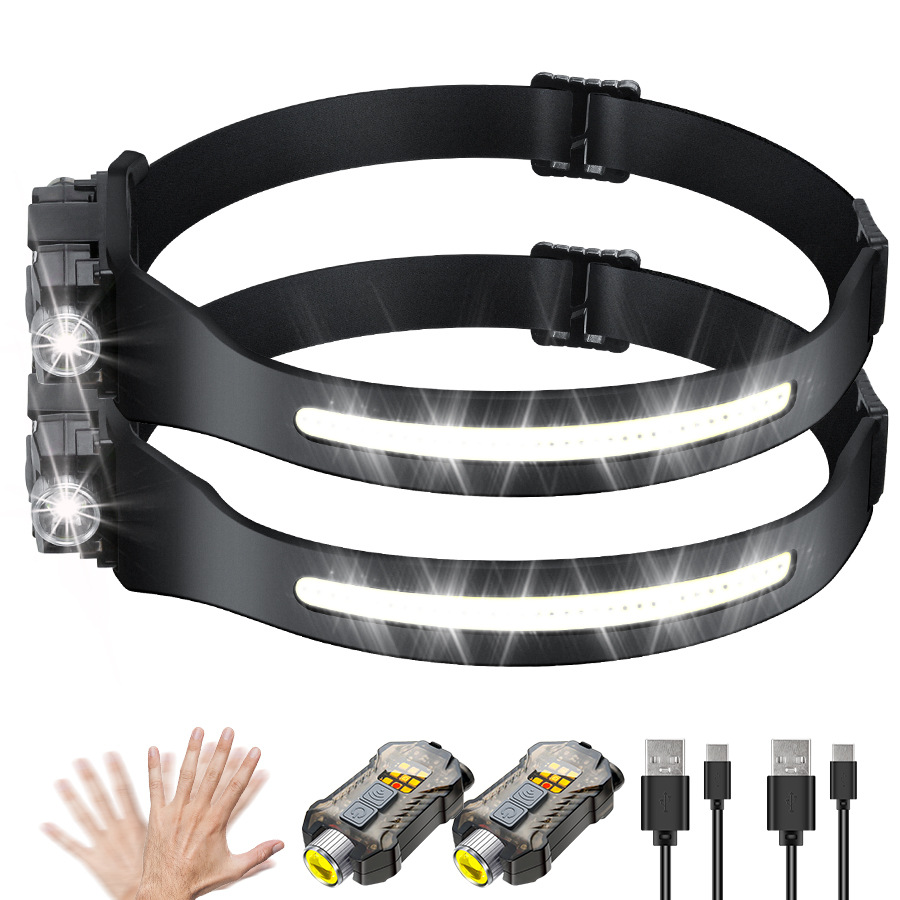 Transfronterizos al aire libre agitando inducción COB faro linterna 2 en 1 correr por la noche pescar luz alta luz luz alta cabeza