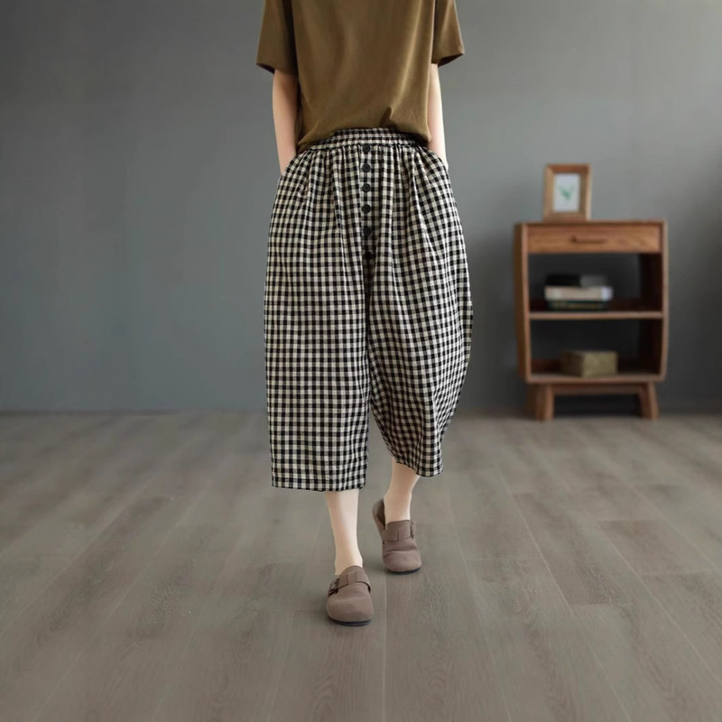 【With Pockets】2025 High-Waisted Black Plaid Pants for Women, Summer Fashionable Thin Style, Elegant Casual Wide-Leg Capri Pants 【With Pockets】2025 High-Waisted Black Plaid Pants for Women, Summer Fashionable Thin Style, Elegant Casual Wide-Leg Capri Pants