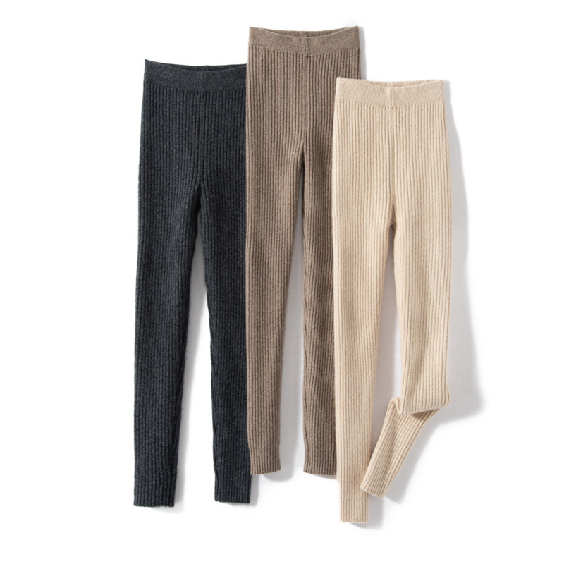 Women's Ribbed Wool Knit Leggings, High-Waisted, Slim-Fit, Skin-Friendly, Warm, Suitable for Outerwear