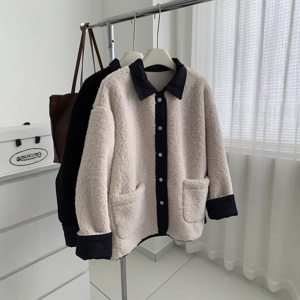 Spliced ​​Denim Design Lapel Imitation Lamb Wool Jacket Women's Windproof Warm Suede Snap Button Fur Top Winter