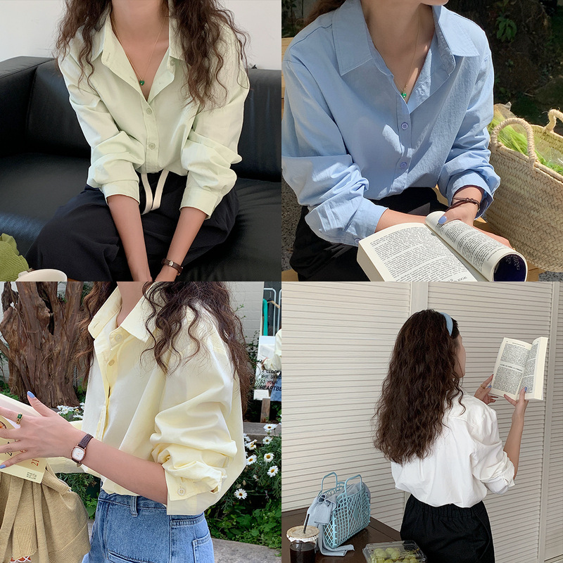 【Oufan】Versatile All-Season Solid Color Shirt for Women, New Casual Style, Elegant and Slimming Blouse Top 8582