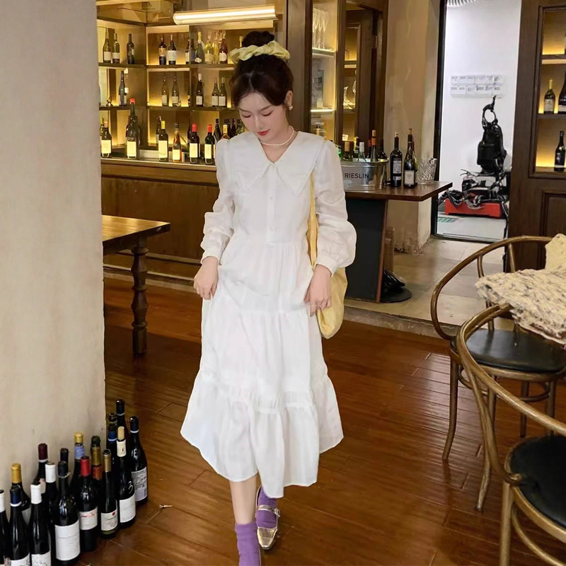 Early Spring and Autumn New Long-Sleeved French Mid-Length Dress Puff-Sleeved White Bottoming Skirt Hepburn Style Long Skirt