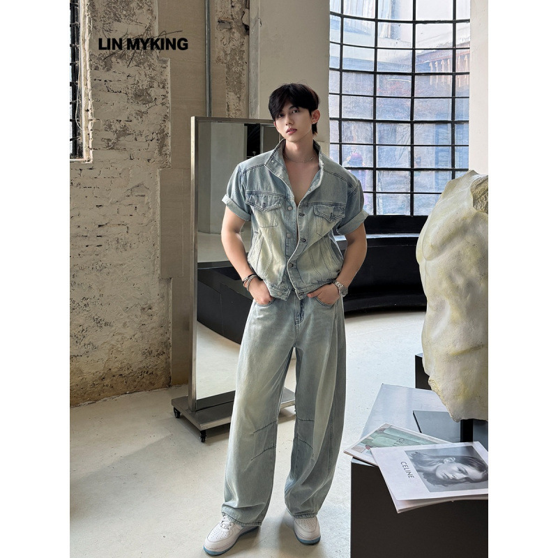 Old Money Style High-End Denim Short-Sleeved Shirt Scimitar Jeans Men's Light Luxury Summer Suit Light Mature Style Outfit Old Money Style High-End Denim Short-Sleeved Shirt Scimitar Jeans Men's Light Luxury Summer Suit Light Mature Style Outfit