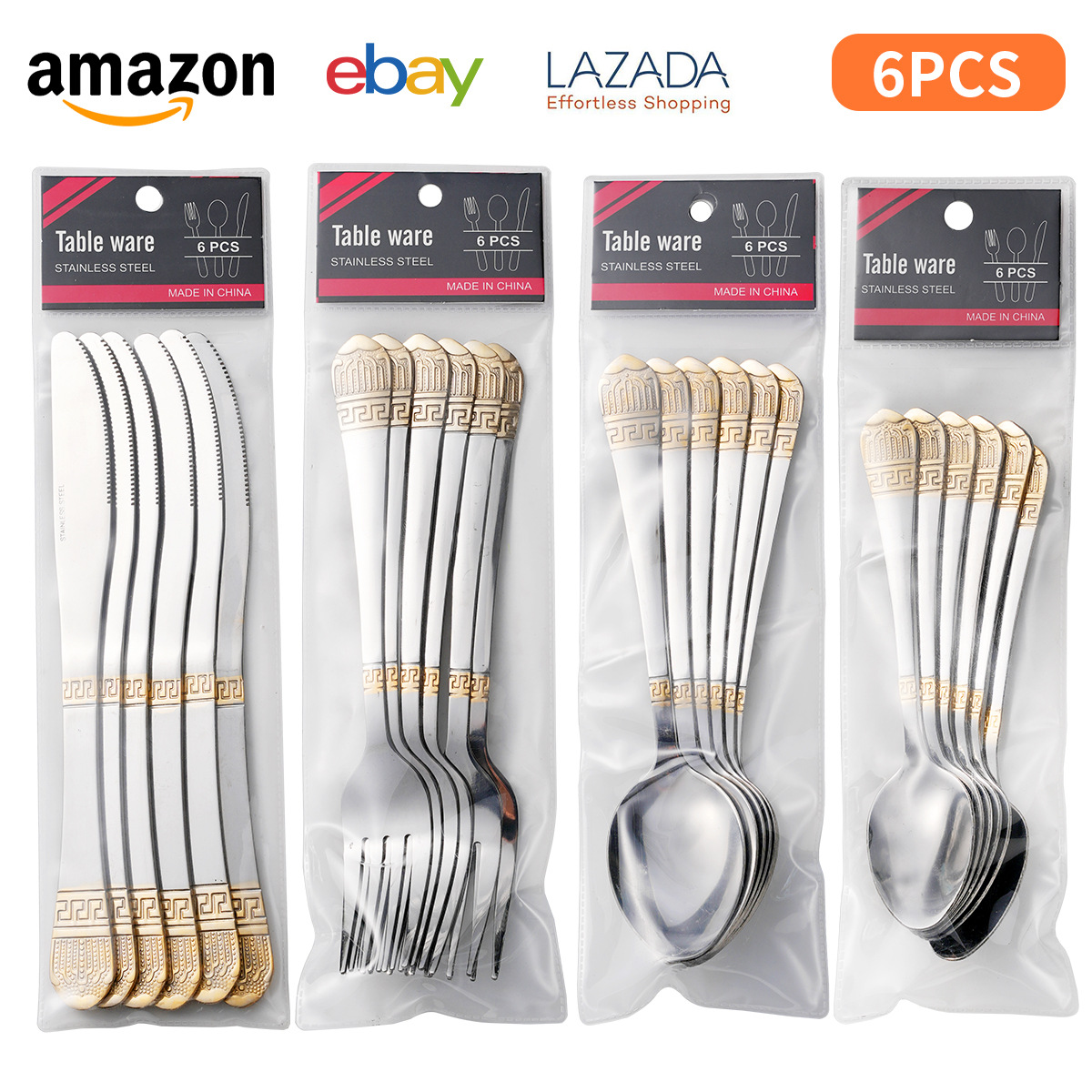 Cruz-Frontera de Oriente Medio vajilla de acero inoxidable cuchillo de carne y tenedor cuchara bolsa de PVC 6-pack en relieve cuchillo chapado en oro, tenedor y juego de cuchara