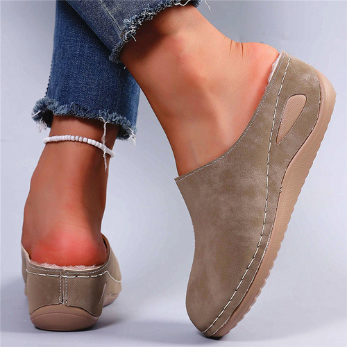 Wedge cotton slippers women's large size autumn and winter new thick sole and velvet foot-on baotou half slippers wish