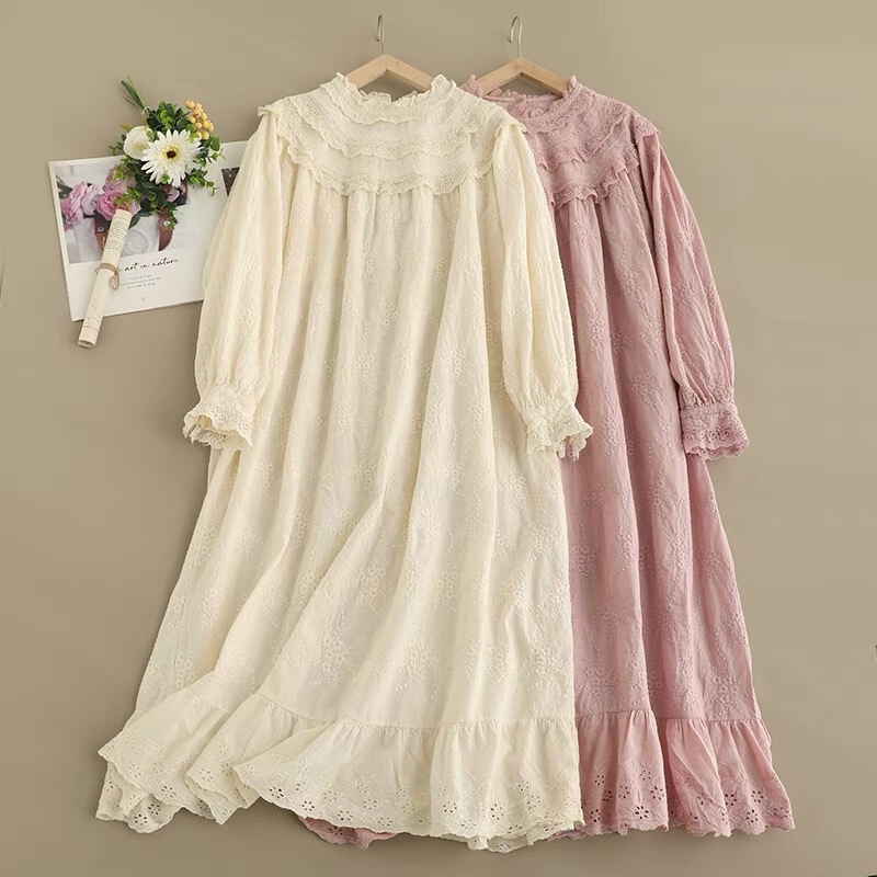 Mori women's lace collar embroidered long sleeve dress women's fresh solid color sweet age-reducing design mid-length skirt