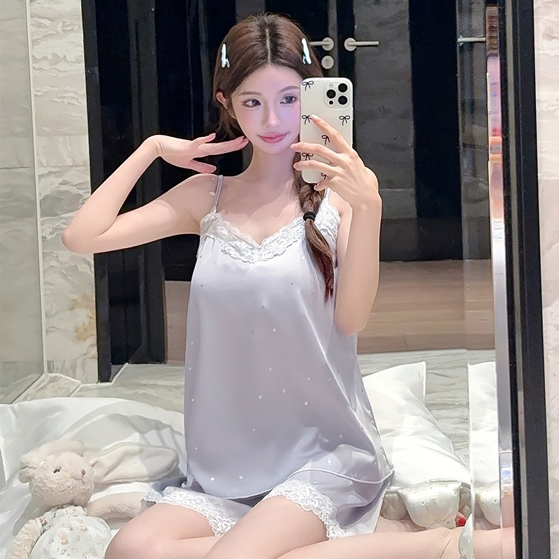 Verneis Summer Pajamas, Suspender Shorts, Ice Silk Suit, High-End Lace Sexy Home Wear with Breast Pads