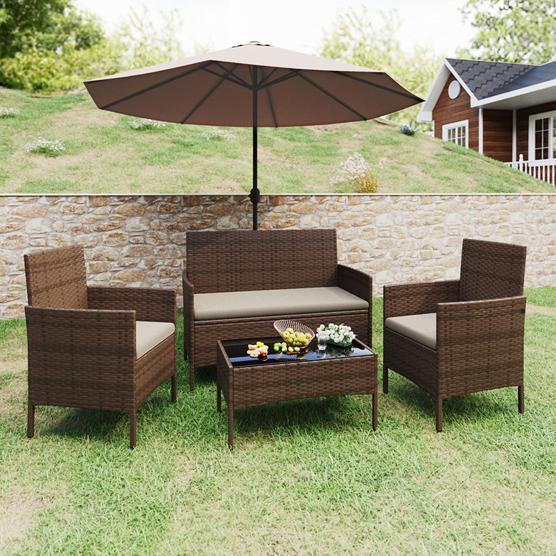 Mesa y silla de caña trenzada de balcón al aire libre de cuatro piezas Villa patio al aire libre de tela de caña mesa de té combinación patio