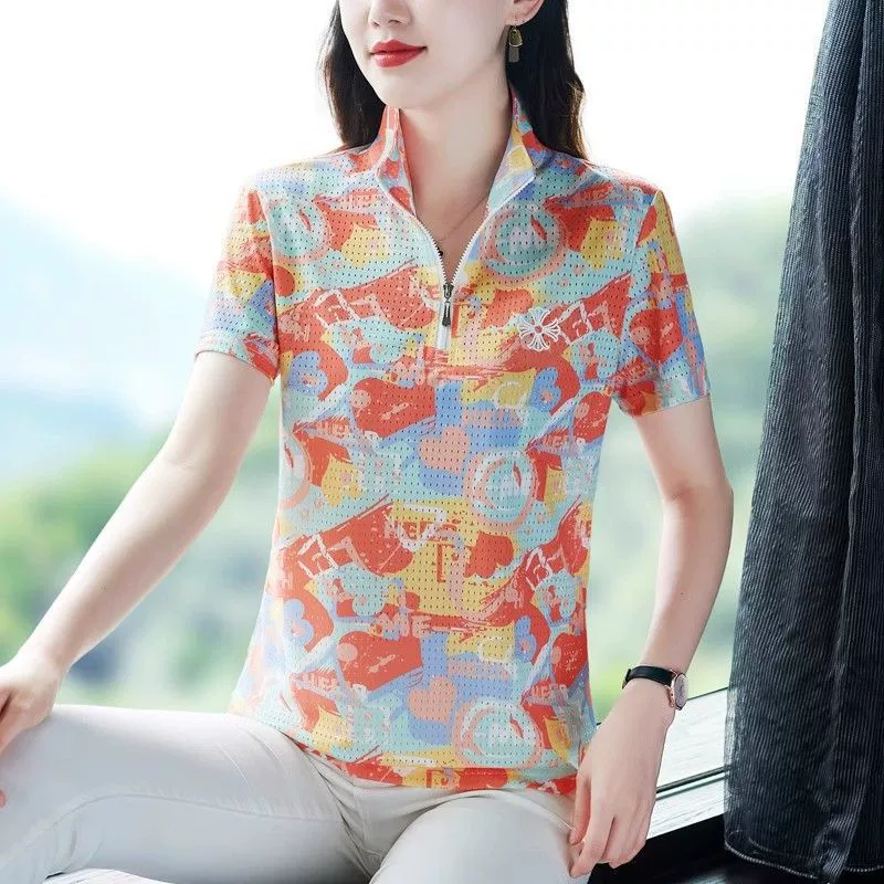 Летняя футболка с короткими рукавами женская летняя мода на молнии темпераментная мама с принтом полурукава рыхлый тонкий повседневный топ дышащий