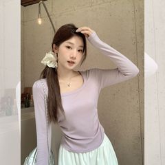 紫色方领长袖T恤女初秋韩系褶皱收腰修身显瘦打底衫百搭上衣批发