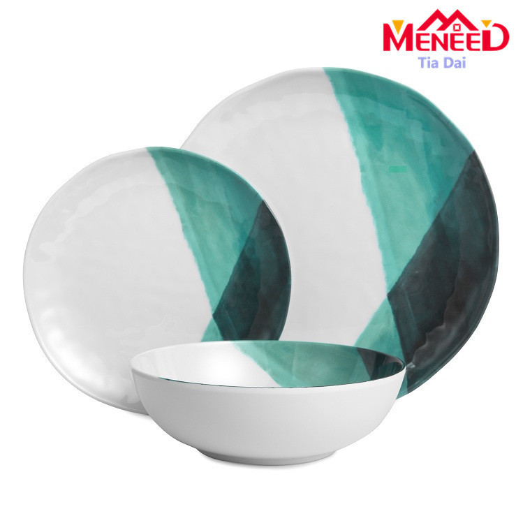 Wholesale Modern Melamine Unique Watercolor Green Family Daily Dinnerware Set 12 Piece Plate and Bowl Can Be Customized Wholesale Modern Melamine Unique Watercolor Green Family Daily Dinnerware Set 12 Piece Plate and Bowl Can Be Customized
