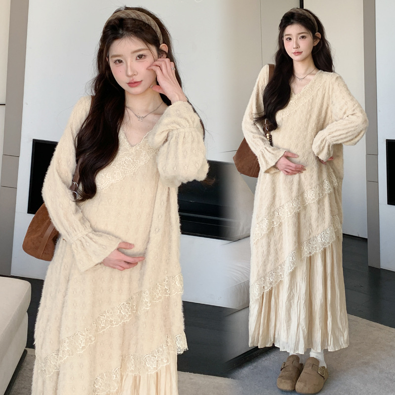 Maternity Wear Heavy-Duty Jacquard Pleated Dress for Women, Spring Long-Sleeve Lace Long Dress with a Stylish Design for Pregnant Women Maternity Wear Heavy-Duty Jacquard Pleated Dress for Women, Spring Long-Sleeve Lace Long Dress with a Stylish Design for Pregnant Women