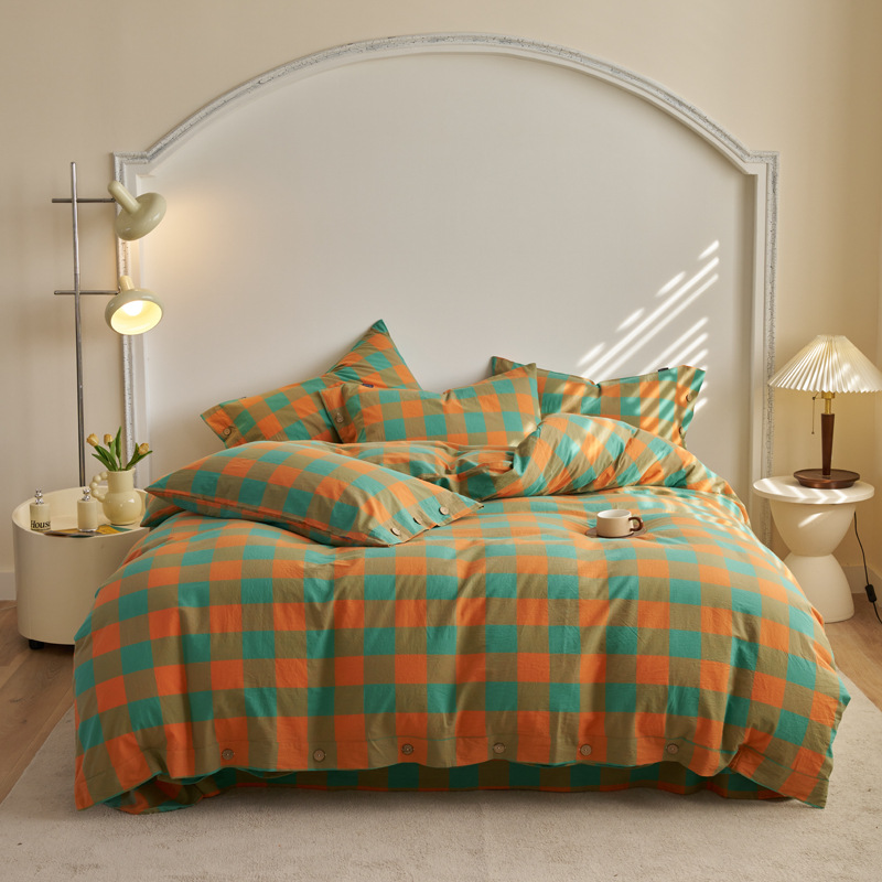 Nordic Style Four-piece Set Of All-cotton Plaid Duvet Cover, Yarn-dyed Washed Double Bed Fitted Sheet, Simple Pure_voghion.com