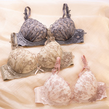 日系低鸡心雪纺纱薄款刺绣星星文胸套装聚拢侧收少女内衣胸罩