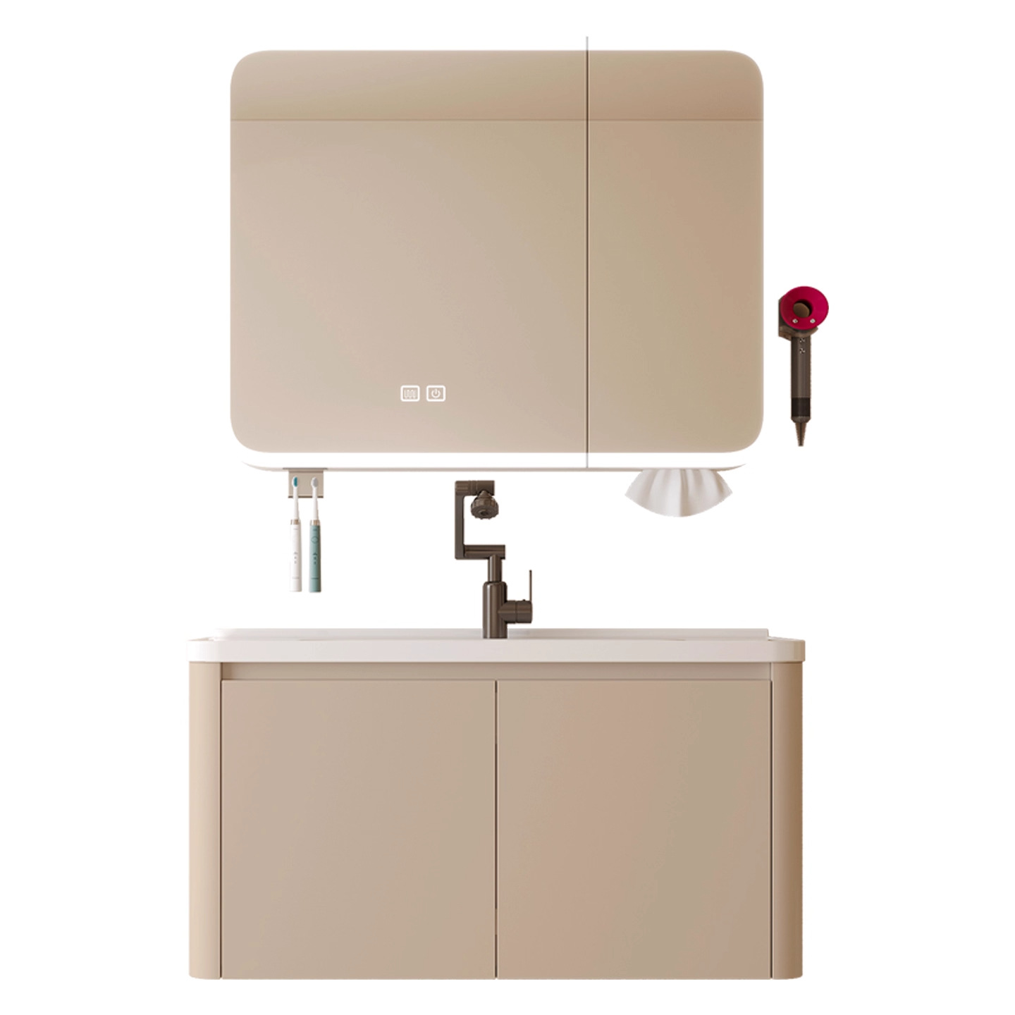 Cream-wind abeja de panela de baño gabinete combinado de cerámica lavabo de mano todo en uno gabinete lateral con cinturón de belleza inteligente