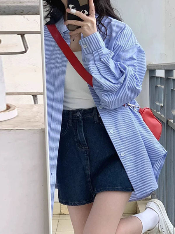 法式气质蓝色条纹衬衫女早秋2025新款宽松防晒衬衣外套上衣百搭潮|undefined