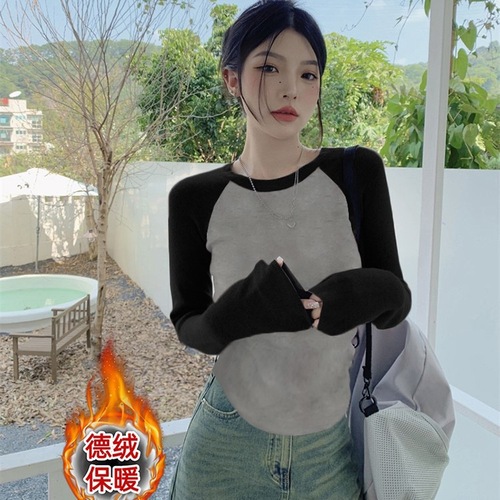 American sweet and spicy color-blocked crew neck T-shirt for women, suitable for spring and autumn, retro chic, unique top, long sleeve undershirt