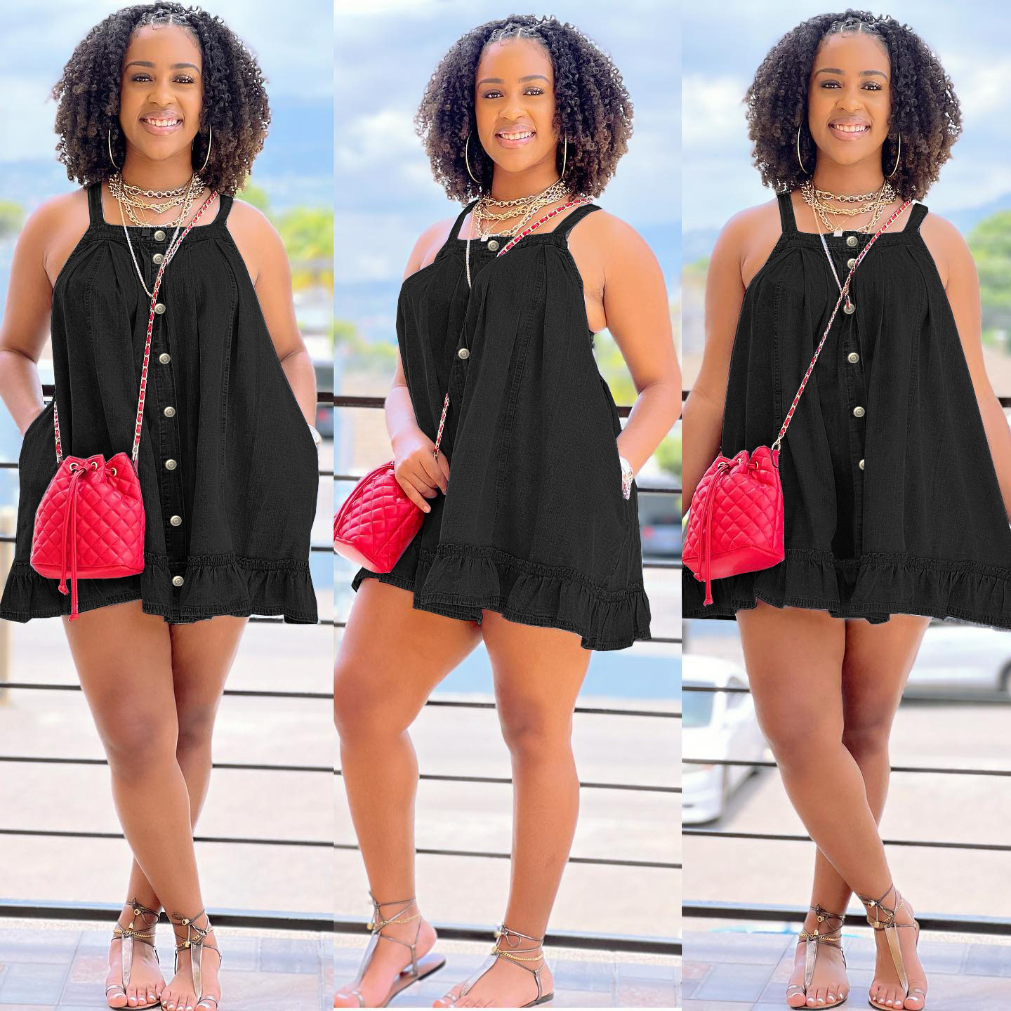 women's clothing Solid color suspenders button pocket loose washed denim dress_mkmklike.com