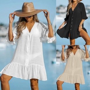 Cross-Border New V Neck Beach Cover-Up Ruffled Solid Color Beach Skirt Amazon