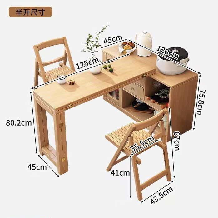 Nordic Solid Wood Folding Table Sideboard Integrated Small Apartment Multi-Functional Retractable Rotating Sideboard Combination Bar