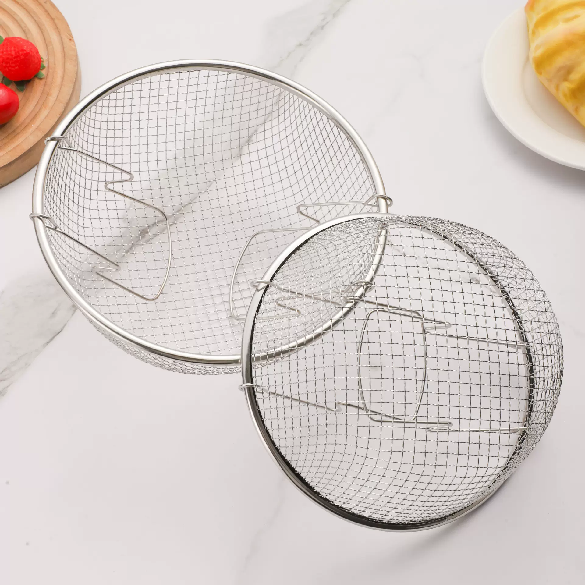 跨境厨房空气炸锅配件不锈钢炸篮双把手提篮干果烤网滤油网炸篮盘