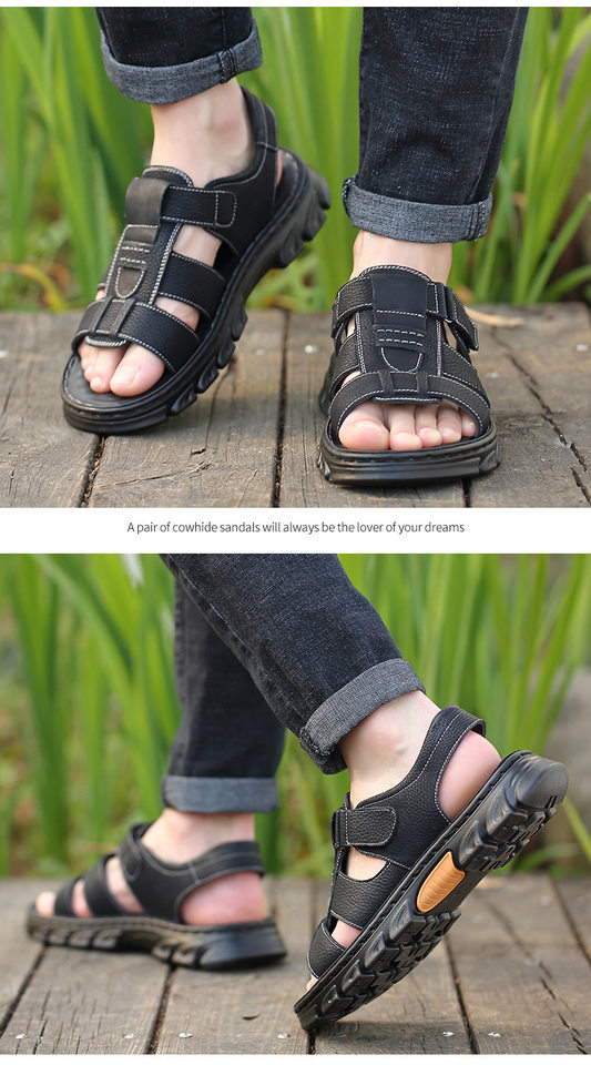 Dép sandal nam da bò hở ngón đi biển chống trượt — nâu, đen chi tiết 19