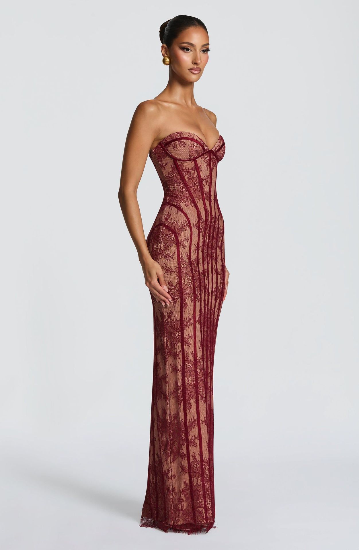 Elegant Lace Long Bodycon Dress For Evening Parties - Stunning High-Waisted Corset Design With Sheer Mesh & Floral Embroidery​_ecoleips.com