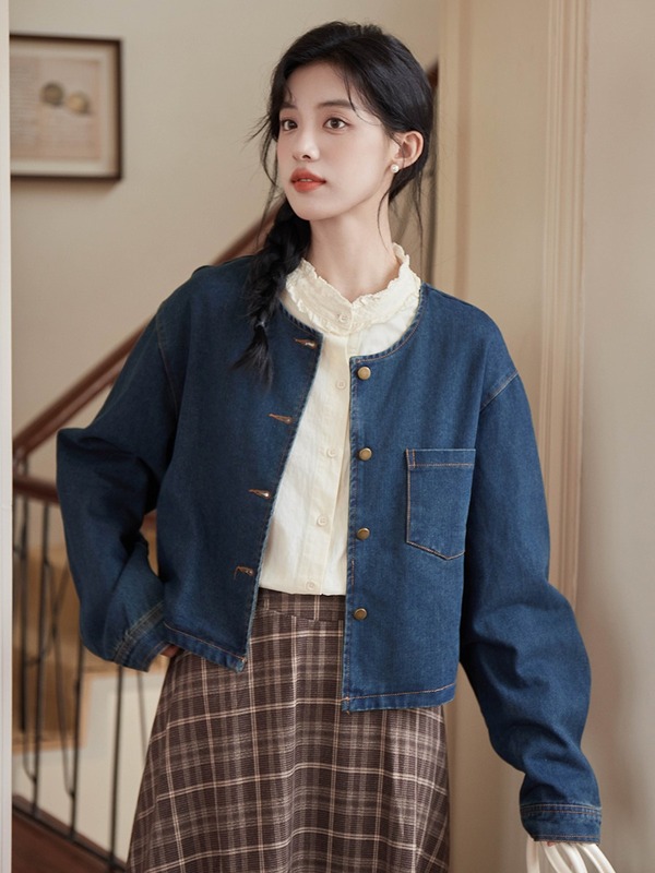 日系宽松简约圆领牛仔长袖外套女2025秋季单排扣复古百搭修身上衣|undefined