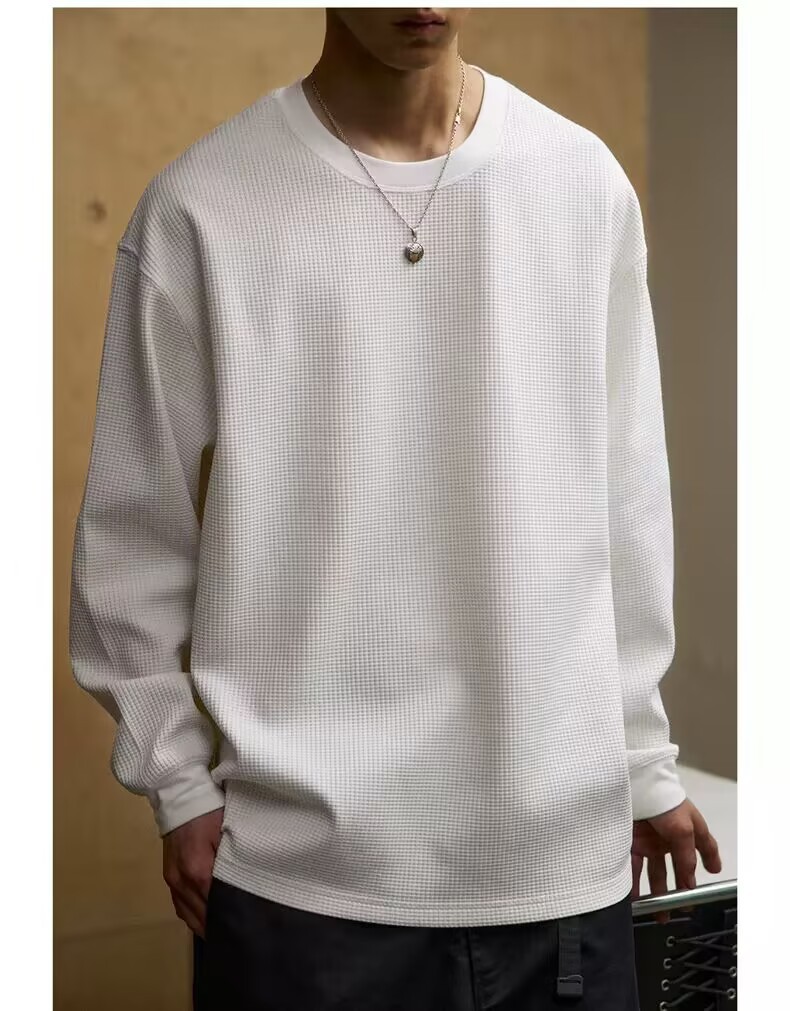 Herren Waffelstrick Langarm T-shirt Rundhalsausschnitt Freizeit_voghion.com