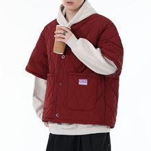 日系复古菱形半袖潮牌棉衣男秋冬季轻薄休闲工装棉服宽松保暖外套